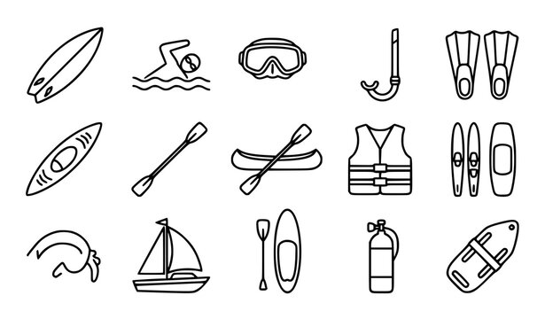 Swimming Surfing Diving and Kayaking Outline Black and White Vector Icons
