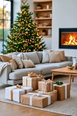 Obraz premium Decorated Christmas tree with glowing fairy lights and wrapped gifts in cozy living room