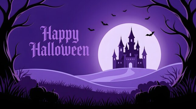 A spooky and enchanting halloween night scene featuring a castle silhouetted against a full moon