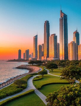 Modern city park pathway curves toward oceanfront skyscrapers at golden hour sunset. Rich green lawn, manicured hedges, rocky seawall with calm water.
