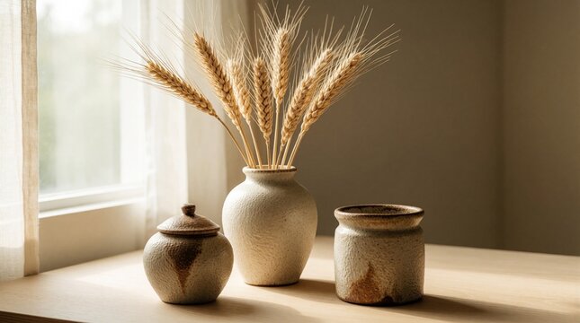 Minimalist still life with dried wheat stalks in ceramic vase on wooden table. Three handmade pottery vessels stand near window with soft sunlight. Rustic home decor aesthetic features neutral beige