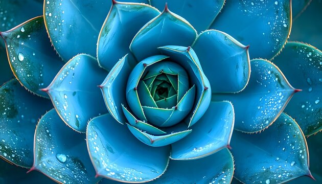 Blue succulent rosette with fresh dew drops close up