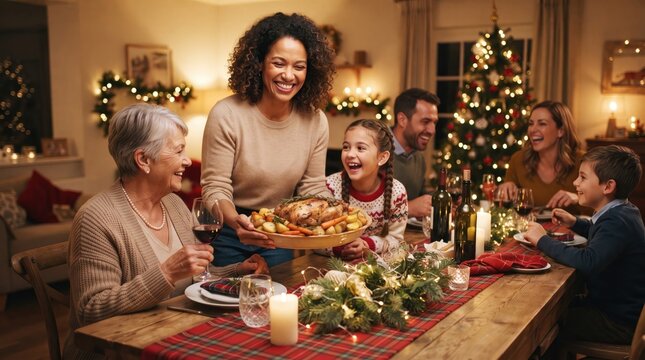 Happy multi generational family enjoying a festive christmas dinner together at home with decorated tree and holiday food