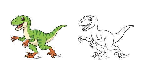 Fototapeta premium Cute Cartoon Velociraptor Dinosaur Running, Color and Black and White Line Art Set for Kids Coloring Book Page and Educational .