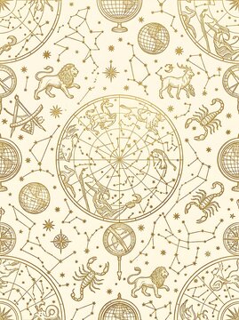 Vintage celestial map seamless pattern with zodiac and constellations
