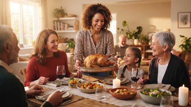 A happy multi generational family enjoying a festive dinner together at home with a roasted turkey
