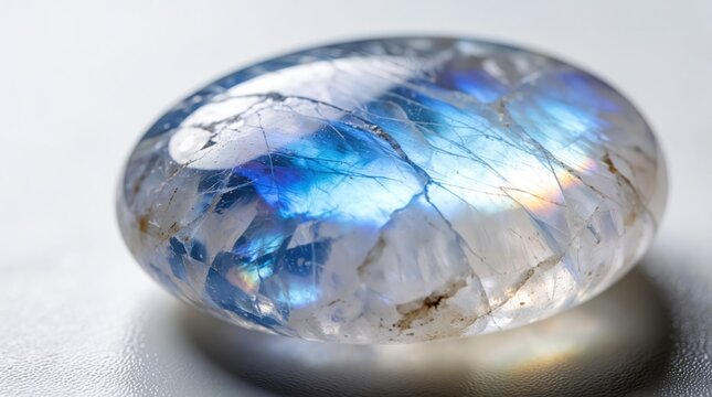 Macro shot reveals polished moonstone gemstone with blue and white adularescence. Smooth oval stone exhibits internal glow and subtle cracks on its surface.