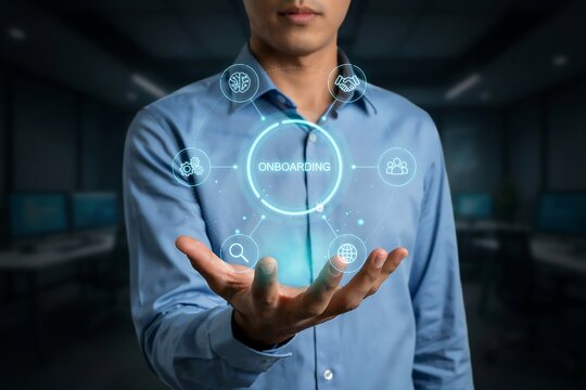 Person holding a glowing digital onboarding interface with icons in a dark office environment