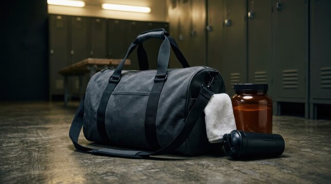 Gym duffel bag with supplements and shaker bottle in a locker room