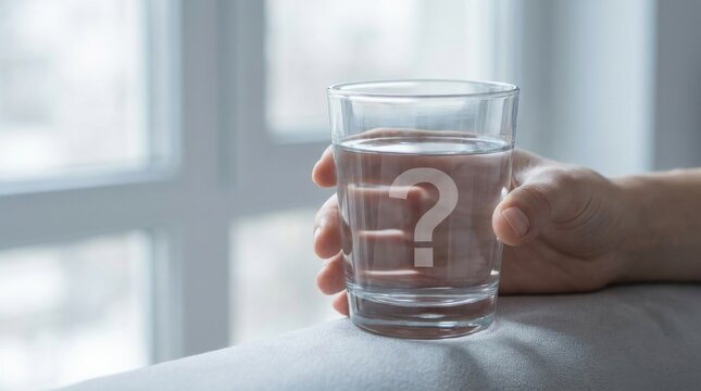 Hand holding a glass of water with a question mark etched on it