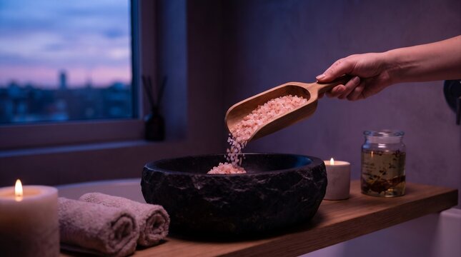 Hand pouring pink himalayan bath salts into stone bowl for relaxing evening spa ritual session with candles towels nearby salts wooden scoop
