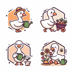 Fototapeta premium Cartoon Duck Gardening and Harvesting Vegetables.
