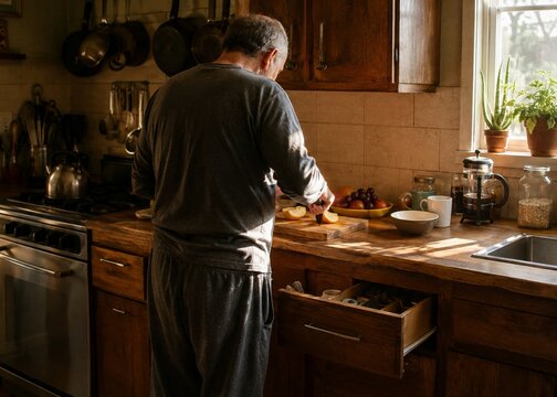 an older man independently preparing a simple healthy breakfast in his own modest kitchen