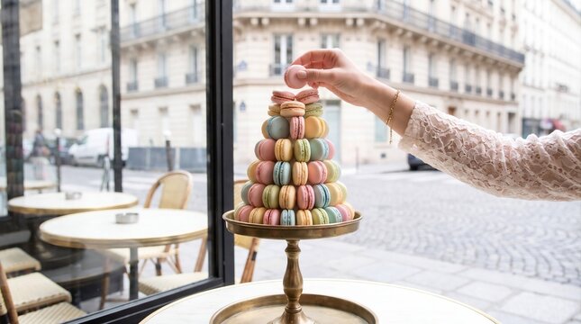 Delicate hand placing final pastel macaron onto a tiered tower display in elegant cafe setting with circular tower brass pedestal stand sleeve delicately placing