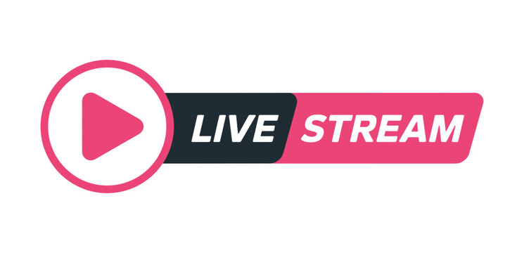 Live Stream Play Button: A graphic icon featuring a pink play button within a circle, next to a dark grey and pink rectangular bar labeled LIVE STREAM in white text.