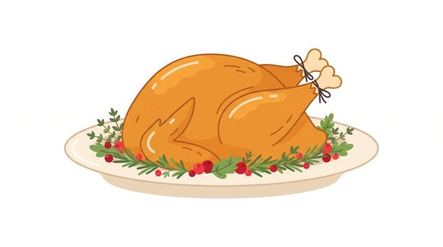 A delicious roasted whole turkey served on a white platter with fresh herbs and berries for thanksgiving dinner