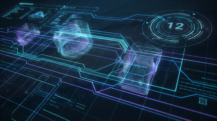 Fototapeta premium Futuristic HUD interface with digital data visualization. Cyberpunk holographic display panel. Sci-fi neon blue dashboard UI.