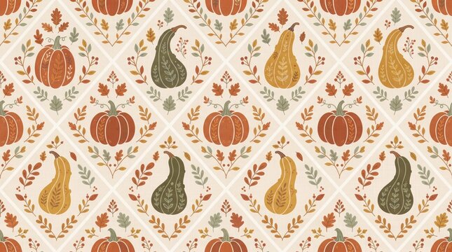 Seamless pattern featuring decorative pumpkins and gourds arranged in a vintage folk art style floral diamond grid