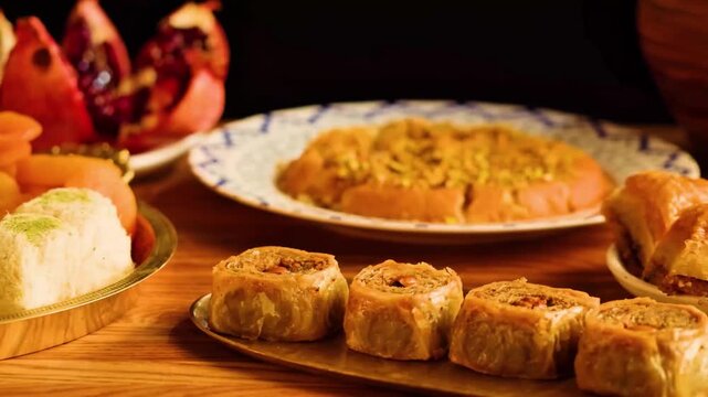 Pasta Dish with Fried Rolls on Wooden Table
