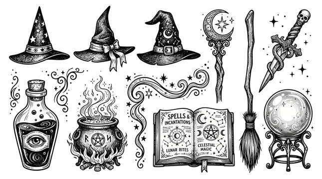Vintage witchcraft occult icons set, hand drawn magic elements vector, mystical alchemy symbols for Halloween and esoteric design