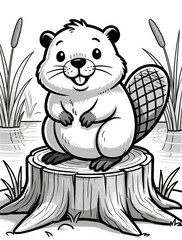 Naklejka premium Cute cartoon beaver sits on tree stump near water. Outline drawing for coloring pages. Happy animal illustration for kids. Wildlife scene with reeds.