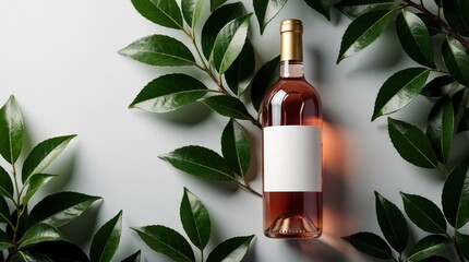 Obraz premium Rose wine bottle with blank label sits near green leaves on light grey surface. Minimalist product shot with natural elements, perfect for wine branding and beverage marketing needs.