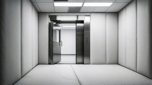Empty padded white cell with metal door slightly open. Clinical lighting illuminates sterile room. Minimalist space suggests confinement or a new beginning, offering hope.