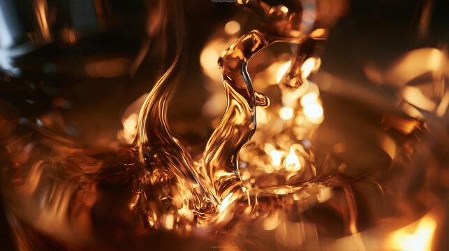Amber Whiskey Liquid Splashing in Macro Close Up