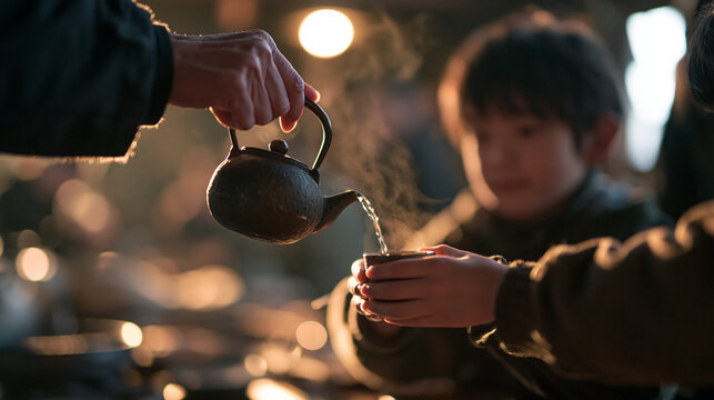 Pouring Hot Tea from Teapot into Cup for Child