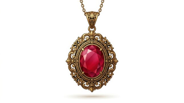 Ornate gold pendant with a large oval red gemstone and intricate filigree