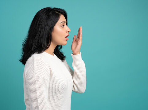 Young Indian woman checking her breath with hand near mouth for halitosis oral hygiene and dental consultation awareness on turquoise background