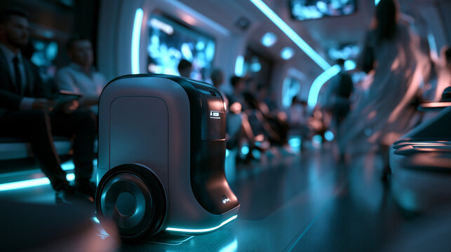 Autonomous AI Robot Navigating Futuristic Public Transport Vehicle