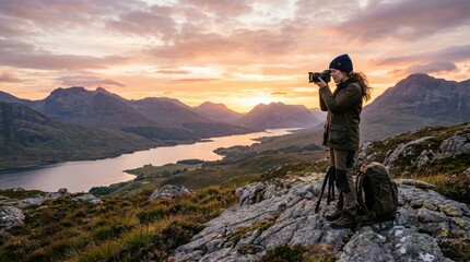 Fototapeta premium Woman photographer captures stunning sunset over a serene mountain lake landscape