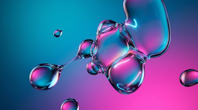 Abstract Liquid Droplets Floating with Pink and Blue Lighting