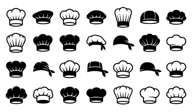 Chef Hat, Culinary Headwear, and Kitchen Bandana Minimalist Icon Set Featuring Traditional Toques, Baker Caps, Bandanas, and Skull Caps for Restaurant Branding