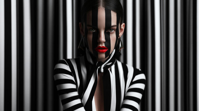 Fashion Woman with Avant Garde Striped Makeup and Red Lipstick