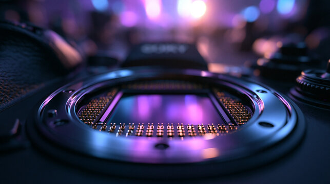 Digital Camera Sensor Close Up with Neon Lighting