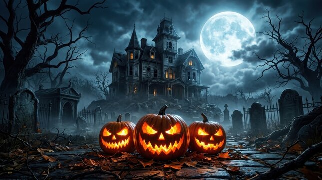 Spooky halloween background featuring glowing carved pumpkins in front of a haunted mansion under a bright full moon night sky