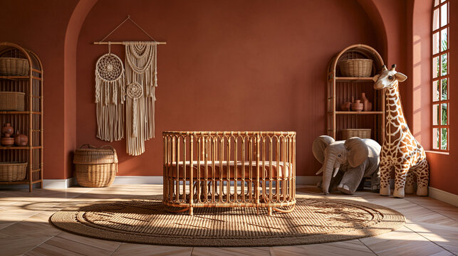 Modern Boho Baby Nursery Interior with Rattan Crib