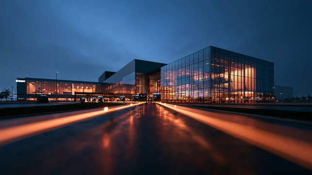 Modern Glass Corporate Headquarters Building Exterior at Dusk