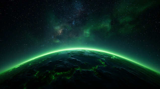 Glowing Green Planet View From Outer Space With Stars