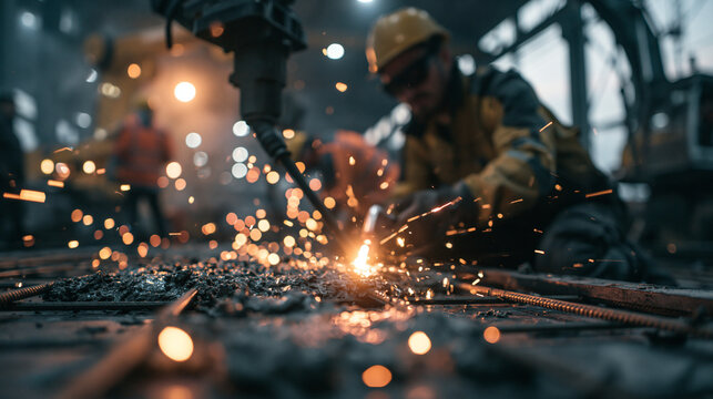 Industrial Worker Welding Metal with Sparks Flying in Factory