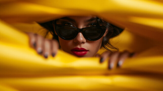 Stylish Woman in Sunglasses Peeking Through Bright Yellow Frame