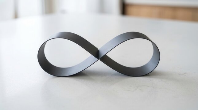 Matte black infinity loop sculpture resting on a clean white surface. Concept of limitless digital banking and decentralized crypto transactions.