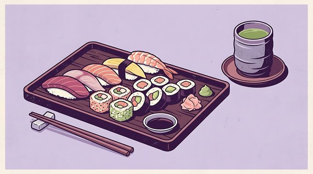 Japanese sushi platter with nigiri maki rolls and green tea