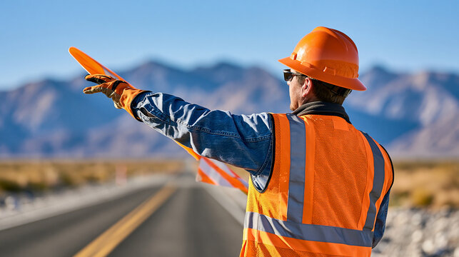 Faceless road worker directing traffic near a construction zone with mountains behind, safety and infrastructure work, with copy space