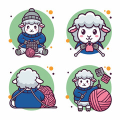 Fototapeta premium Cartoon Sheep Knitting with Yarn Balls.