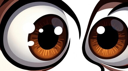 Stylized cartoon eyes with brown irises and bright white highlights stare intensely. Graphic illustration conveys animation, comic art, or digital drawing with clear lines. © Pete