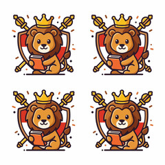 Fototapeta premium Cartoon Lion King with Shield and Crown.