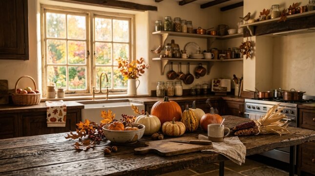 A rustic kitchen interior decorated for halloween with various pumpkins and autumn harvest vegetables on a wooden farmhouse table